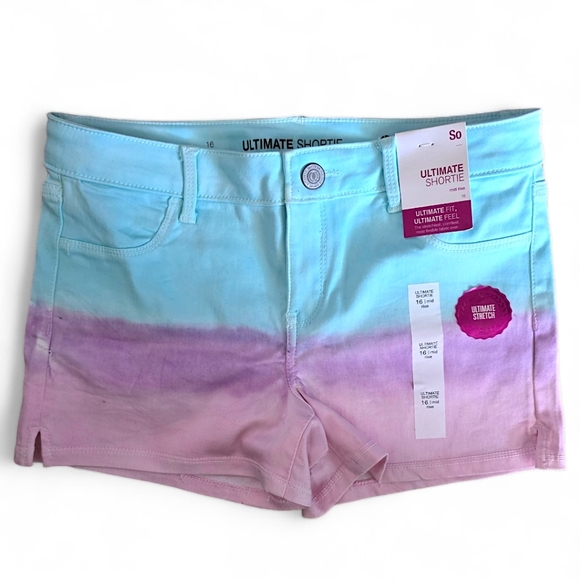 SO Girls Mermaidcore Rainbow Blue Pink ULTIMATE SHORTIE Mid Rise Shorts, size 16 - Picture 1 of 12